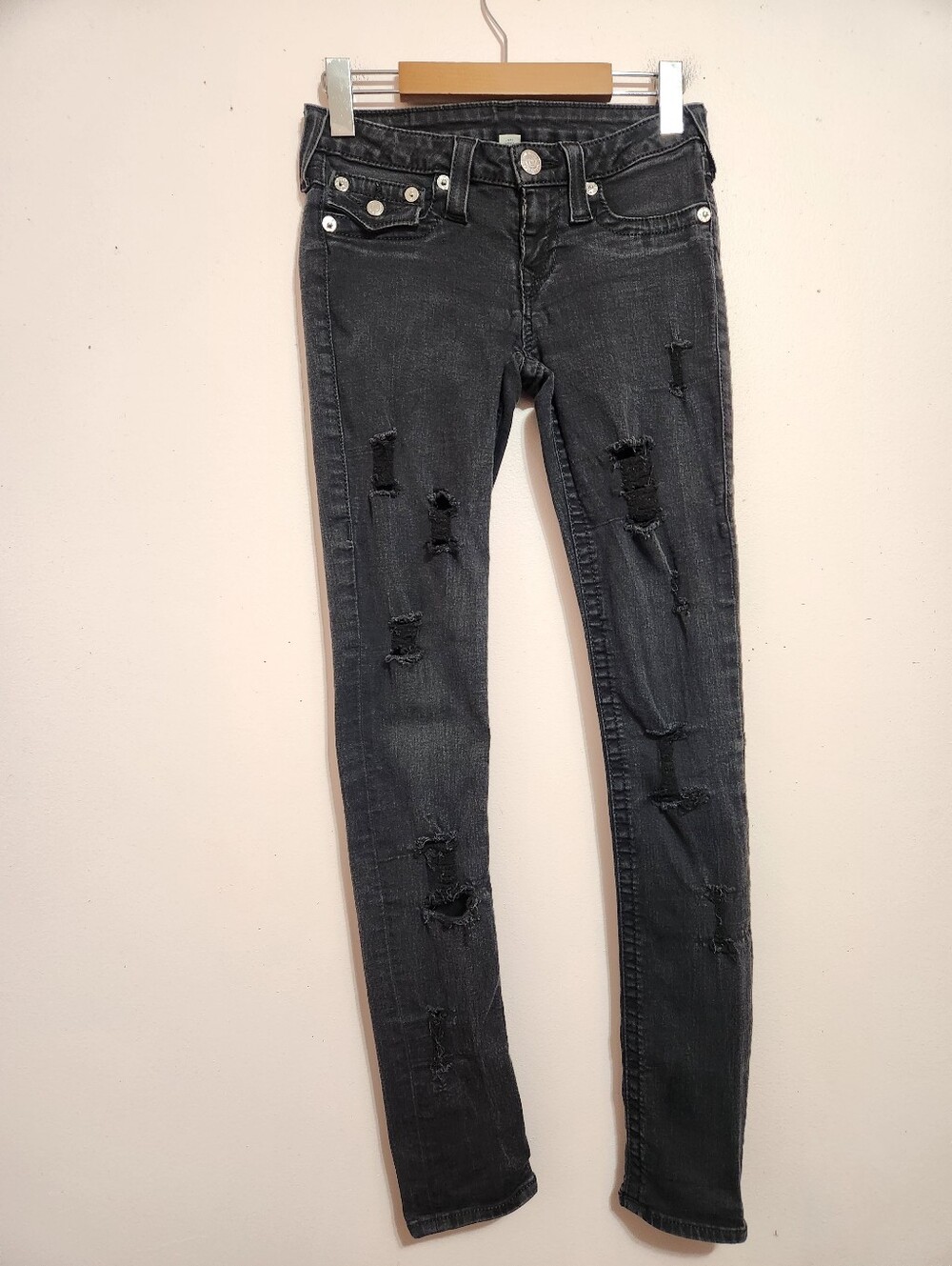 True Religion Skinny Flap Faded Black Distressed Low Rise Jeans Y2K Grunge